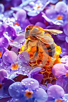 Bee on Lilac Petals with Honeycomb. May 20, World bee day