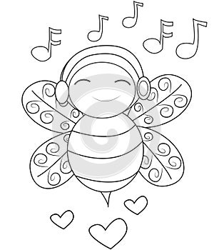 Bee listening to music coloring page