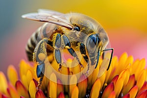 Bee macro flower pollen. Generate Ai