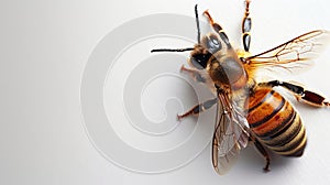 Bee macro isolated on a clean white backdrop. Detailed bee. Concept of close up insect, entomology studies, and