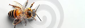 Bee macro isolated on a white background. Detailed bee. Concept of close up insect, entomology studies, and nature's