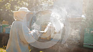 Bee-maker beekeeper man working of a smoke pipe beeper smoker device for repelling lifestyle evil bees. slow motion