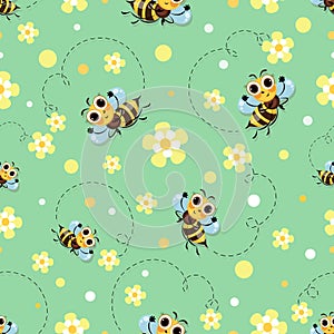 Bee meadow. Bee swarming, honey bees fly in a flower meadow. Cute cartoon character. Seamless pattern.