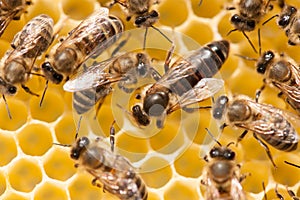 Bee mother on honeycomb with surrounded honeybees layong eggs