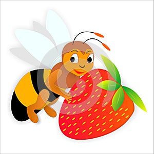 Bee nad strawberry, cartoon, vector illustration