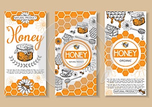 Bee natural honey vector hand drawn flyer set