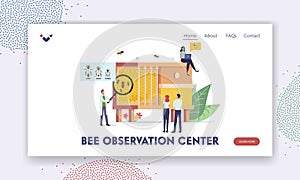 Bee Observation Center Landing Page Template. Tiny Scientists Learning Bees at Huge Beehive with Queen, Drone and Worker