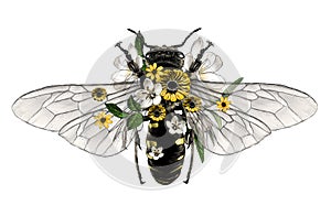 Bee with open wings top view decorated with flowers and leaves symmetrically