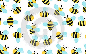 Bee pattern with flying cartoon bees. Seamless bee background vector illustration