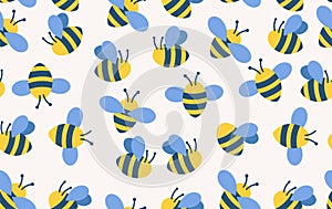 Bee pattern with flying cartoon bees. Seamless bee background vector illustration