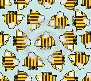 Bee pixel art 8 bit pattern seamless. pixelated honeybee 8bit vector background