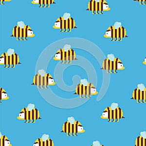 Bee pixel art 8 bit pattern seamless. pixelated honeybee 8bit vector background