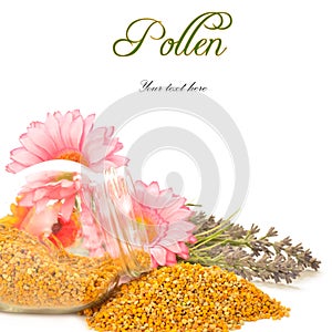 Bee pollen in glass jar and flowers