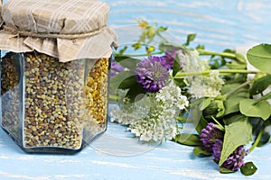 Bee pollen in a glass jar is a healthy diet. A product of beekeeping. Apitherapy