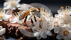 Bee pollinates flower, collecting honey for sweet, healthy food generated by AI