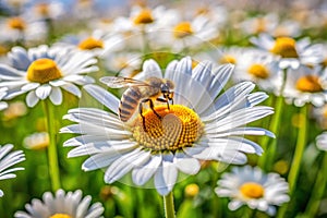 Bee Pollinating Common Daisy in a field photo