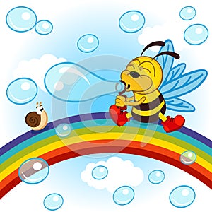 Bee on rainbow inflated bubbles