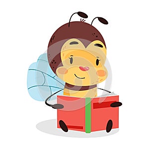 Bee reading book on white isolated background.