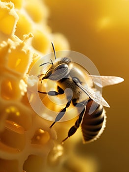 A bee regurgitates or deposits nectar, which turns into honey, into the honeycombs of its hive on a sunny spring or