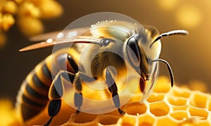 A bee regurgitates or deposits nectar, which turns into honey, into the honeycombs of its hive on a sunny spring or photo