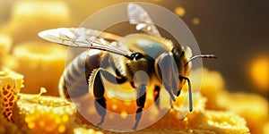 A bee regurgitates or deposits nectar, which turns into honey, into the honeycombs of its hive on a sunny spring or photo