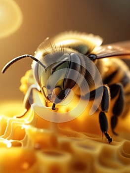 A bee regurgitates or deposits nectar, which turns into honey, into the honeycombs of its hive on a sunny spring or photo