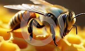A bee regurgitates or deposits nectar, which turns into honey, into the honeycombs of its hive on a sunny spring or photo
