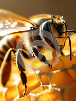 A bee regurgitates or deposits nectar, which turns into honey, into the honeycombs of its hive on a sunny spring or photo