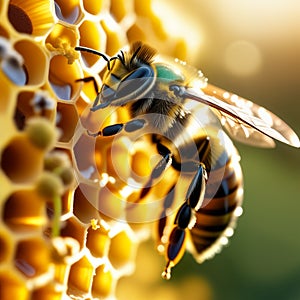 A bee regurgitates or deposits nectar, which turns into honey, into the honeycombs of its hive on a sunny spring or photo