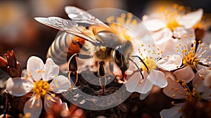 Bee resting on a flower in a garden , Honey bee collecting pollen from cherry blossom. Macro shot.