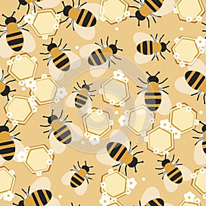 Bee seamless pattern as texture or ornament, flat vector illustration with bees, honeycomb and flowers