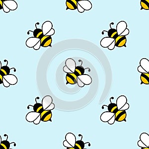 Bee seamless pattern background. Cute flying bees on blue backdrop.