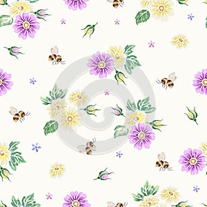 Bee seamless pattern. Embroidery daisy and bees, flying insects. Bedding silk stitch print, floral garden and botanical