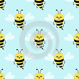 Bee seamless pattern on light blue. Cute cartoon bee or Bumble Bee . Vector illustration. Hand drawn insects for wallpaper, fabric