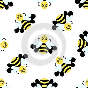 Bee seamless pattern on white. Cute cartoon bee or Bumble Bee . Vector illustration. Hand drawn insects for wallpaper, fabric and