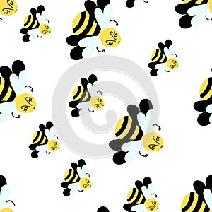 Bee seamless pattern on white. Cute cartoon bee or Bumble Bee . Vector illustration. Hand drawn insects for wallpaper, fabric and