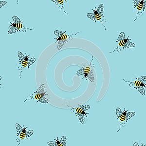 Bee seamless vector background. Repeating pattern with bumblebees on a blue background. Summer bees animal backdrop. Use