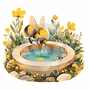 Bee Sipping Water from Garden Pond