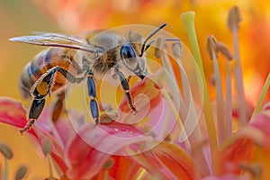 A bee sits on the petals of a lily. Super macro. Blurred background.