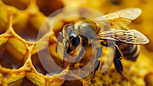 A bee is sitting on a honeycomb