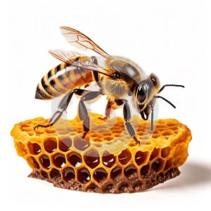 Bee sitting on a honeycomb isolated on white created with Generative AI