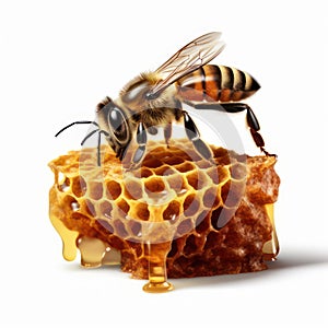 Bee sitting on a honeycomb isolated on white created with Generative AI