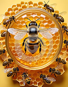 a bee is sitting on top of a honeycomb surrounded by other bees