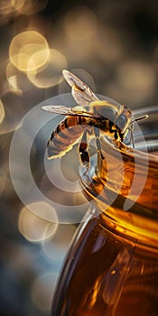 A bee is sitting on top of a jar of honey