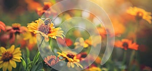 A bee is sitting on top of an orange and yellow flower with other flowers in the background