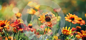 A bee is sitting on top of an orange and yellow flower with other flowers in the background