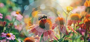 A bee is sitting on top of an orange and yellow flower with other flowers in the background