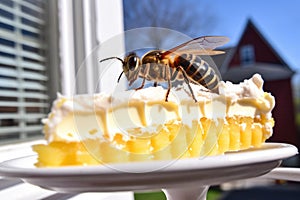 a bee on a slice of lemon meringue pie, set on a white porch railing