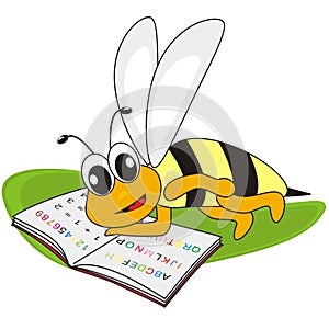 Bee and spelling book, vector humorous illustration