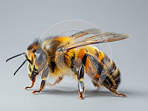 A bee is standing on a gray background